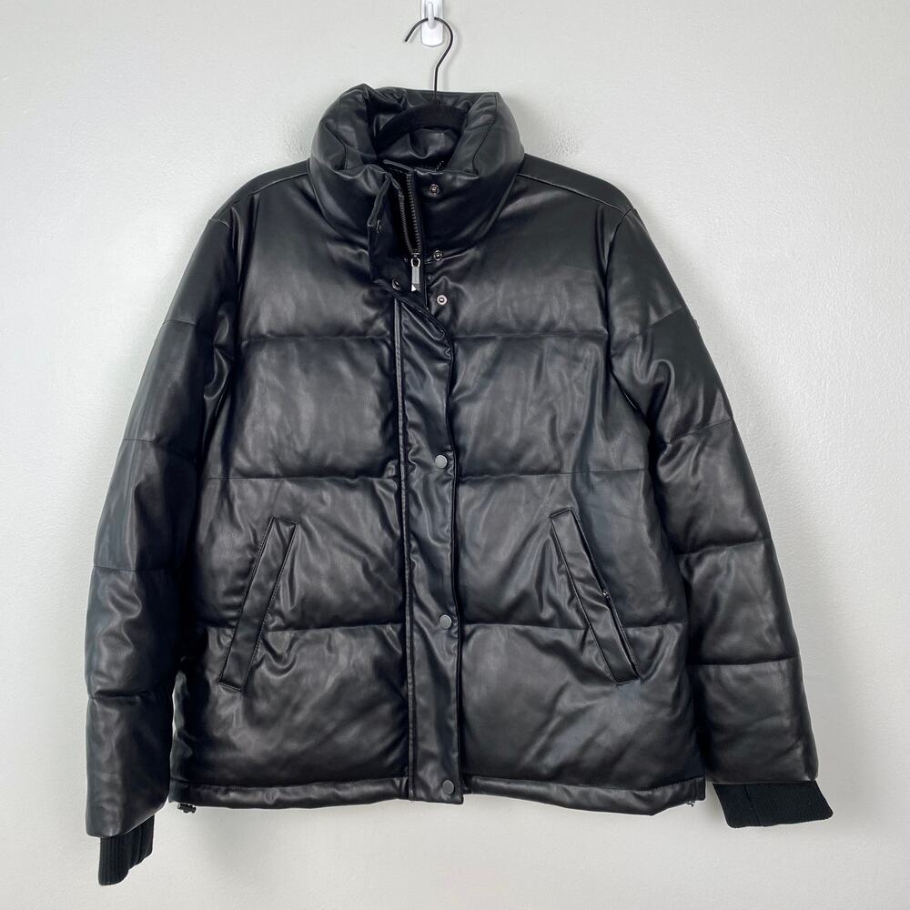 BCBGMaxazria Faux Leather Puffer Jacket Mock Neck Full Zip Black Coat Size Large